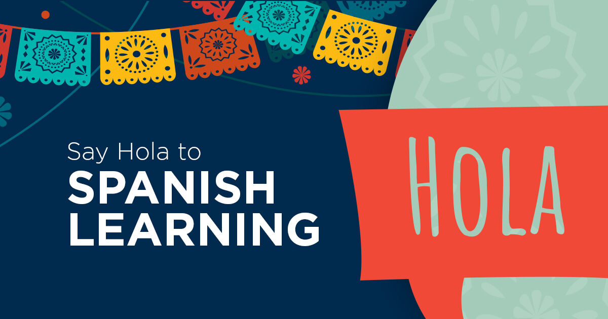 Colorful Hispanic Heritage-themed graphic featuring decorative papel picado banners and the text “Say Hola to Spanish Learning” beside a large “Hola” on a bright red speech bubble.